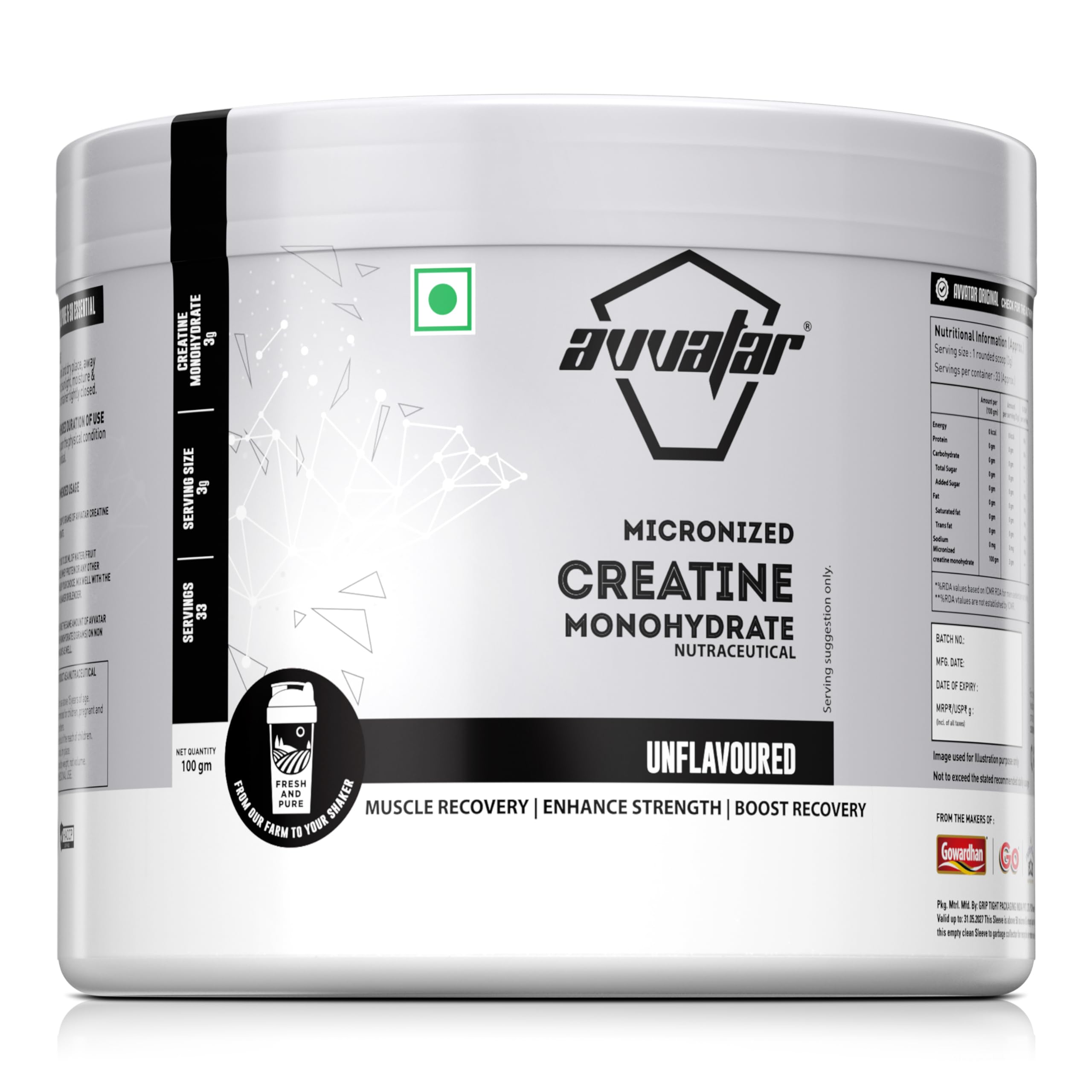 avvatar Micronized Creatine Monohydrate Powder (100 G,33 Servings)|Unflavoured|Muscle Recovery|Enhance Strength|Boost Recovery,1 Count