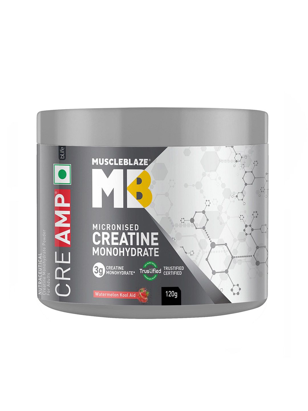 MuscleBlaze Micronised Creatine Monohydrate CreAMP Powder, Watermelon Kool Aid (30 Servings, 120g) | Trustified Certified Creatine watermelon