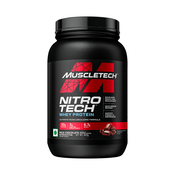 MuscleTech Nitro-Tech Whey Protein, 907g (2lbs), Milk Chocolate, 30g Protein, 3g creatine monohydrate, 6.7g BCAA, ultimate muscle building formula, increase strength & performance
