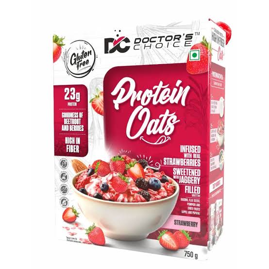 DOCTOR'S CHOICE 
Strawberry High Protein Oats (23g Protein), High-fiber cereal with raisins Box (750 g)