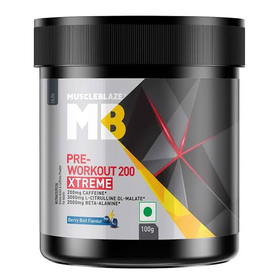 MuscleBlaze Pre Workout 200 Xtreme Powder, Berry Bolt (15 Servings, 100g) | 200mg Caffeine, 3000mg Citrulline