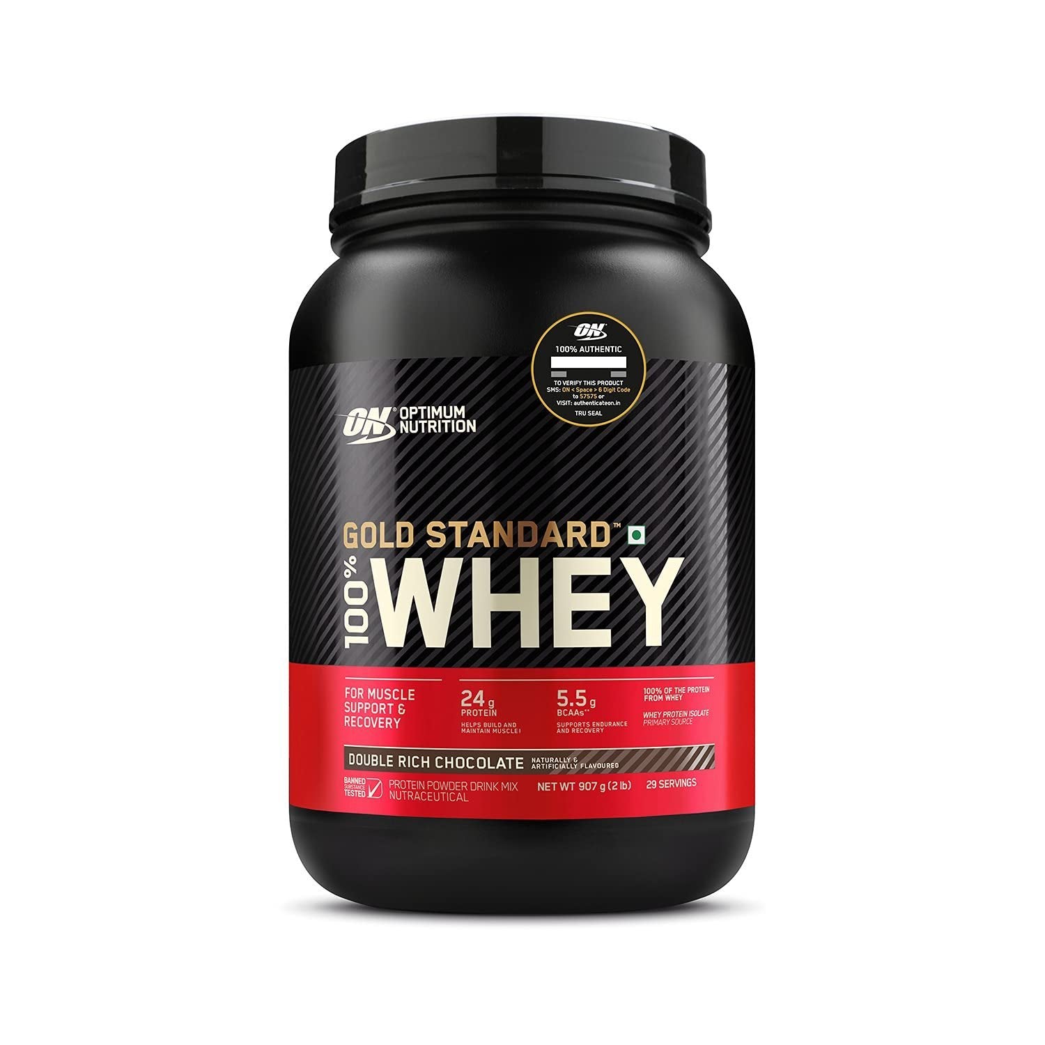 Optimum Nutrition (ON) Gold Standard 100% Whey Protein Powder 2 lbs, 907 g (Double Rich Chocolate), for Muscle Support & Recovery, Vegetarian - Primary Source Whey Isolate