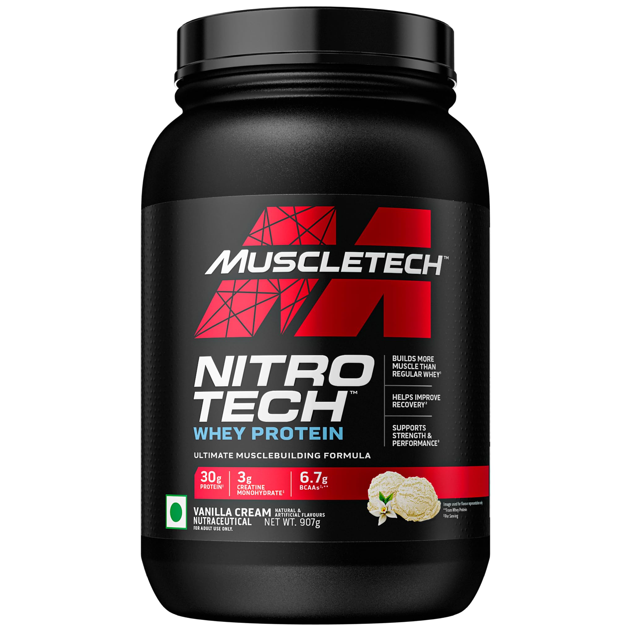 MuscleTech Nitro-Tech Whey Protein, 907g (2lbs), Vanilla Cream, 30g Protein, 3g creatine monohydrate, 6.7g BCAA, ultimate muscle building formula, increase strength & performance