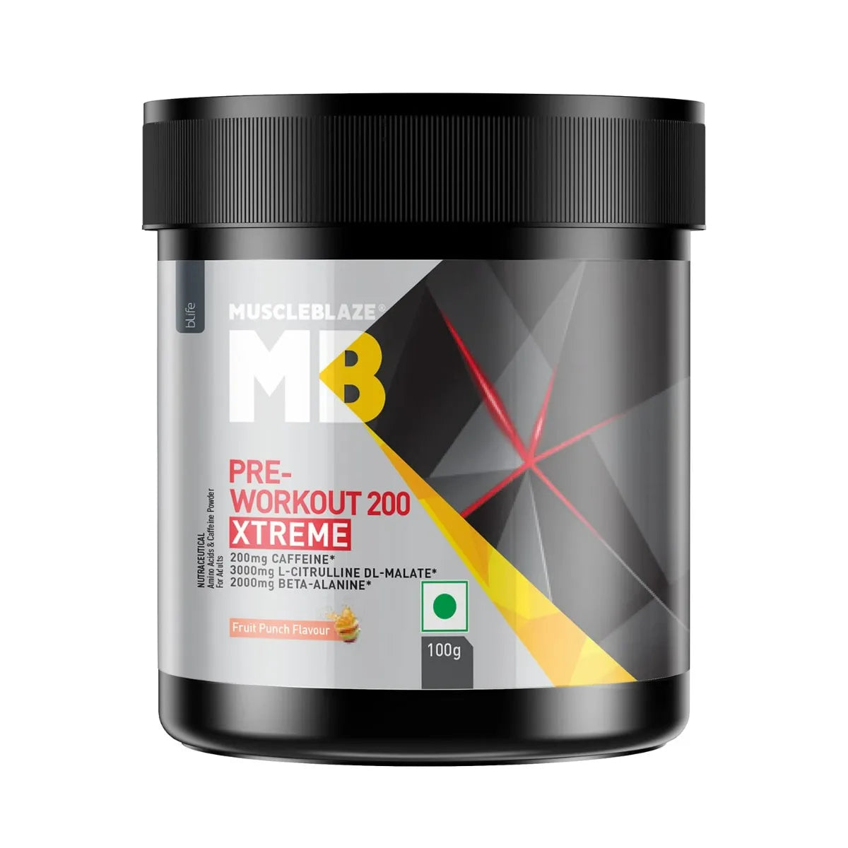 MuscleBlaze Pre Workout 200 Xtreme (Fruit Punch, 15 Servings, 100g) | 200mg Caffeine, 200mg Theanine, 2000mg Beta Alanine, 3000mg Citrulline, Powder