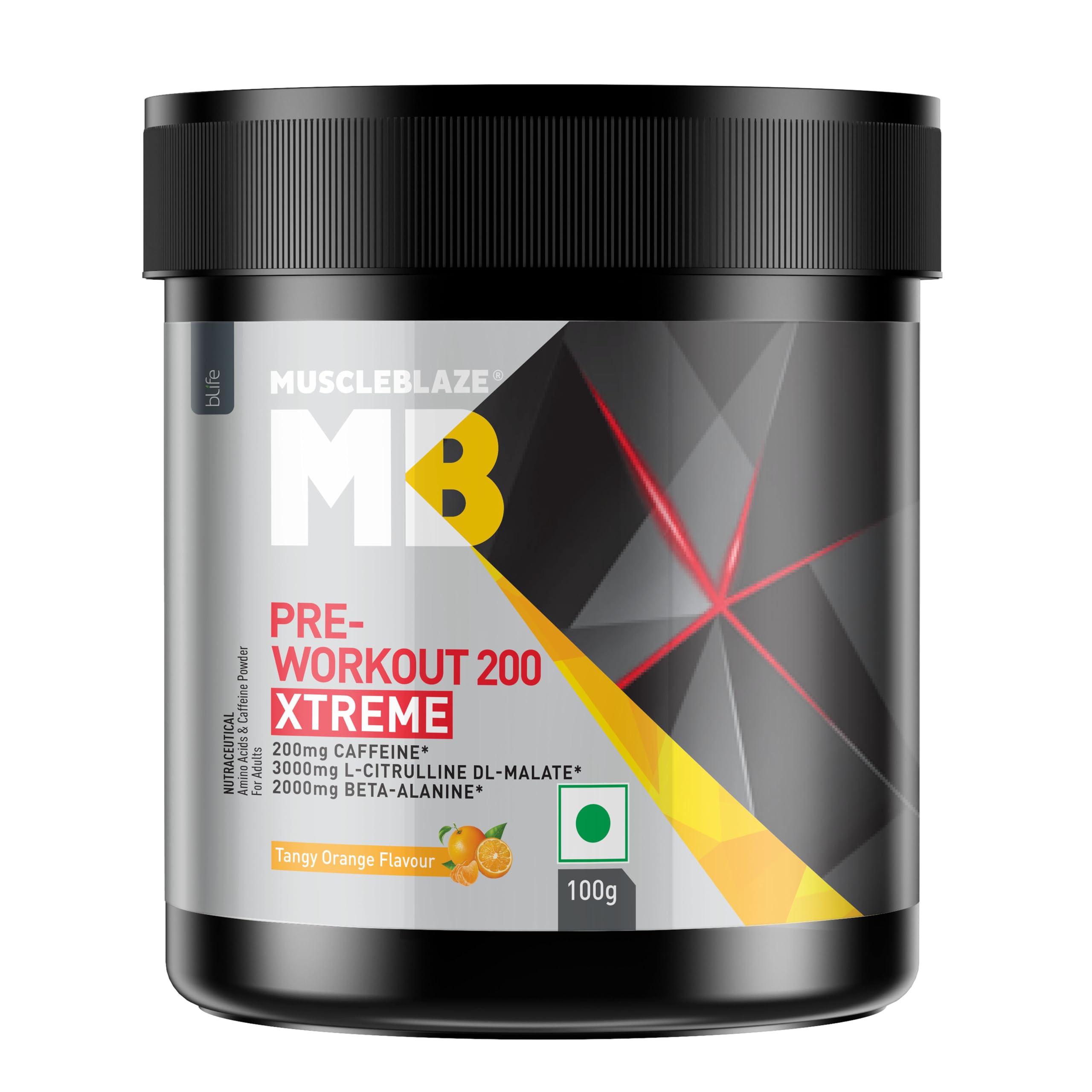 MuscleBlaze Pre Workout 200 Xtreme Powder, Tangy Orange (15 Servings, 100g) | 200mg Caffeine, 3000mg Citrulline