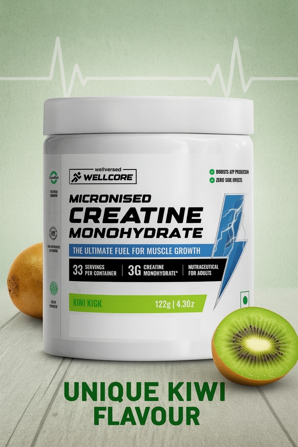 Wellcore - Pure Micronised Creatine Monohydrate | Kiwi Kick (122g, 33 servings)